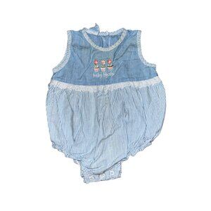 Vntg Baby B'gosh 100% Cotton Sleeveless Blue Striped Floral Baby Girl Romper